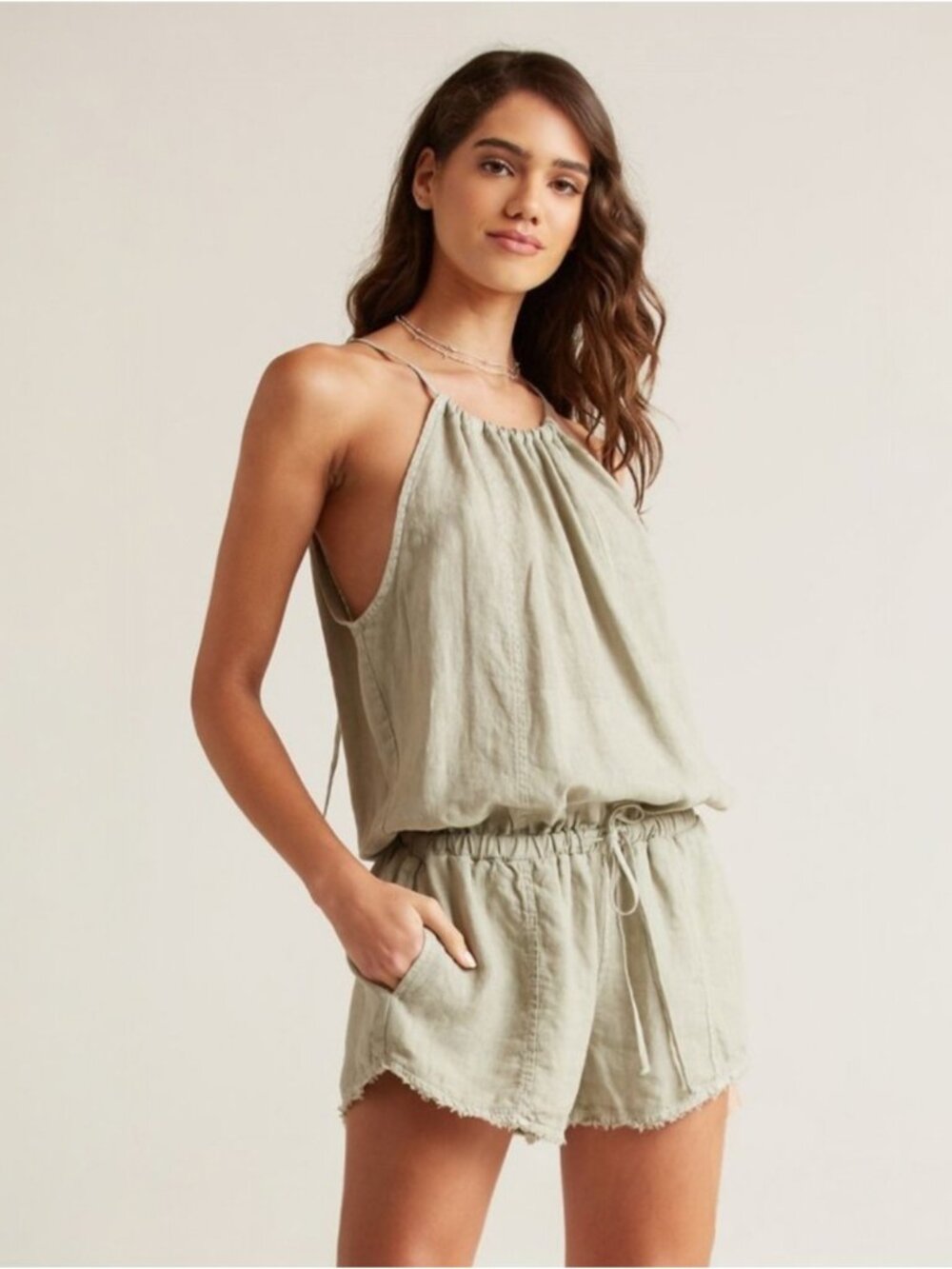 Anthropologie Bella Dahl soft green sage boho fairy minimalist linen romper Ws S